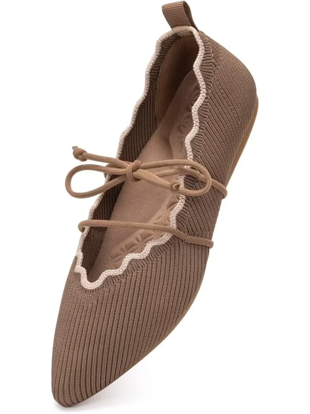 Women's Brown Rubber Knitted Slip On Pointed Toe with Ruffled Vamp Elastic Flats